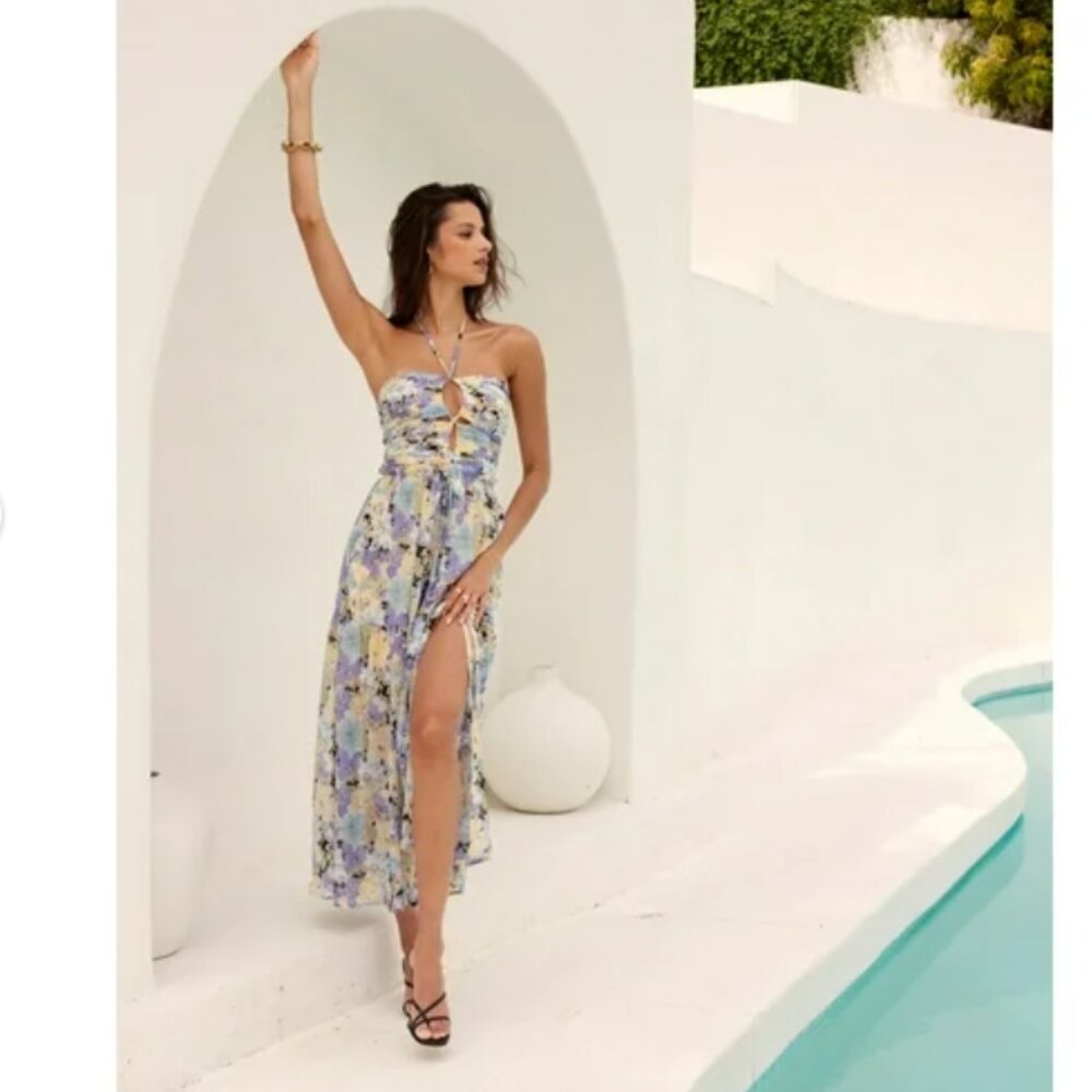NWT ASTR The Label Small Rozina Blue Green Floral Cutout Halter Maxi Dress